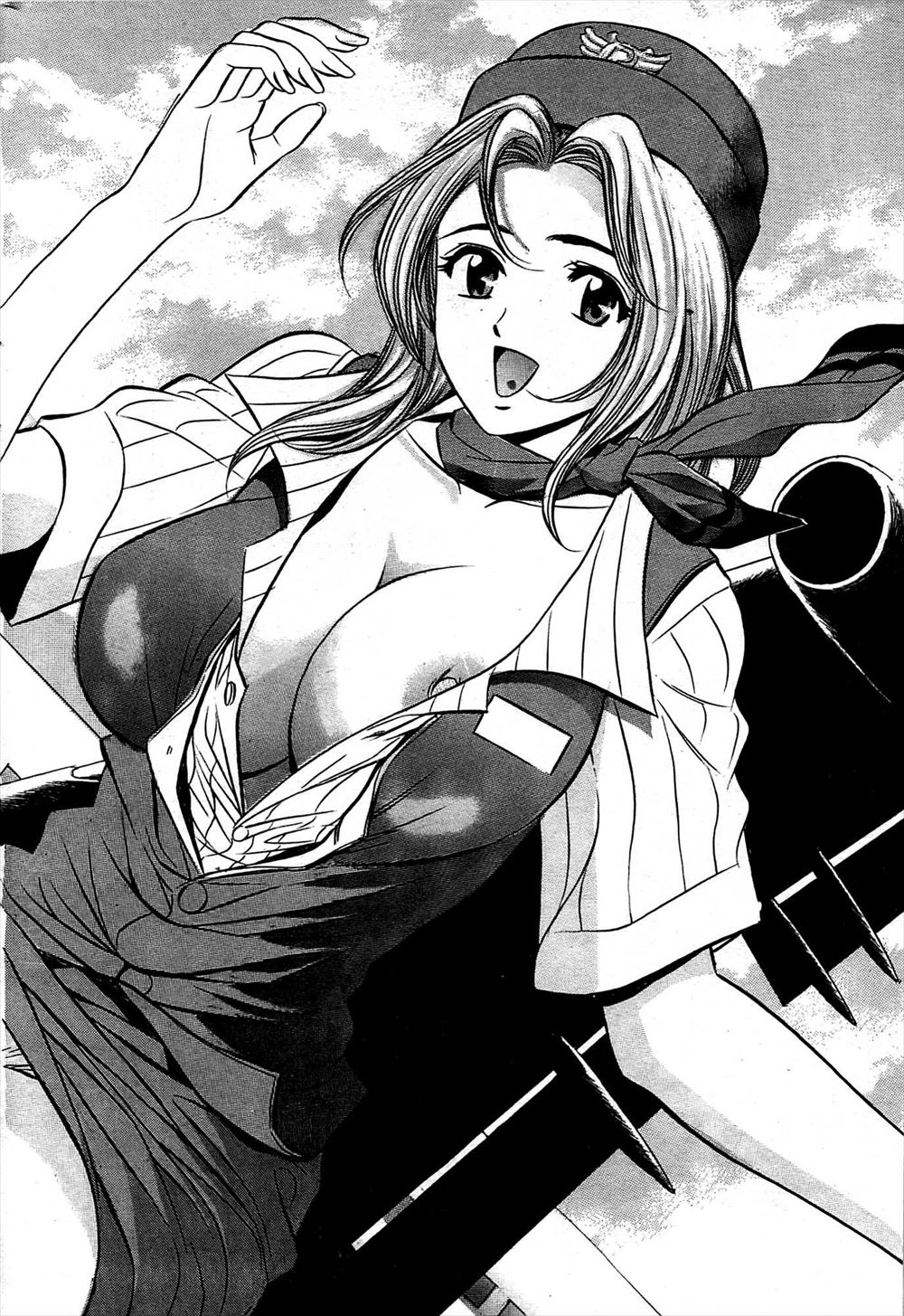 【エロ漫画】巨乳のCAと飛行機の中で出会い、谷間やパンツに興奮した男とイケメンを見てオナニーをし始めた彼女。ふたりはこっそり個室のトイレでセックスをはじめてしまい、ストッキングを愛液で濡らす淫乱マンコと巨乳おっぱいを揉みながら着衣セックスで中出しエッチをしてしまう