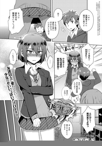 【エロ漫画】貧乳を幼馴染に弄られ続けてコンプレックスだったJKが勇気を出しておっぱいを揉ませちゃう。大好きだった女子にそんな事をされておちんちんが勃起しないはずがなく、歯止めが利かなくなった彼は陰毛マンコに挿入し、処女マンコにいっぱい中出しをするのだ