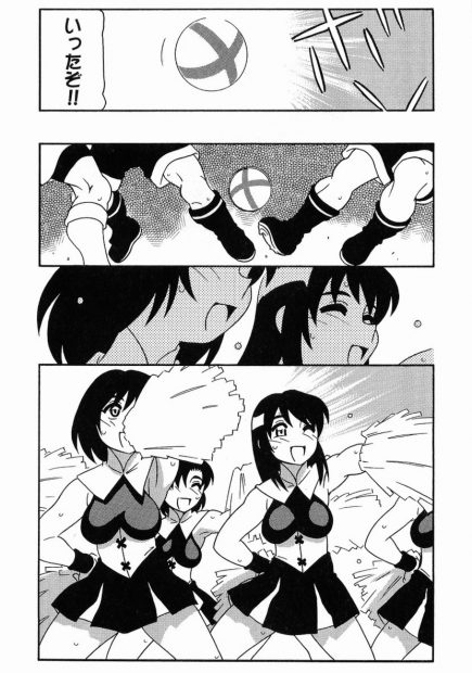 【エロ漫画】チアガール部の巨乳JK達は勝ったサッカー部員たちにエッチなご褒美で乱交セックスしちゃう！指名された部員にさっそくフェラでご奉仕すると上に跨りトロ顔で騎乗位セックス！
