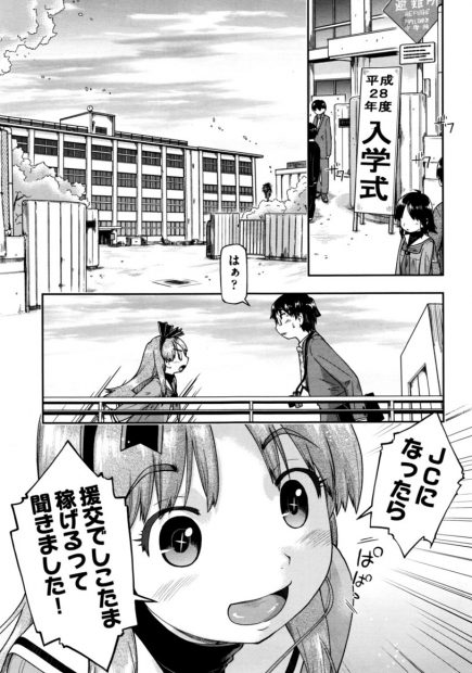【エロ漫画】入学式の日に援助交際を持ち掛けてきた天然少女のパイパンなロリまんをクンニで味わっちゃう！フェラを教え初体験で生挿入するとちっぱい少女に中出ししちゃう！