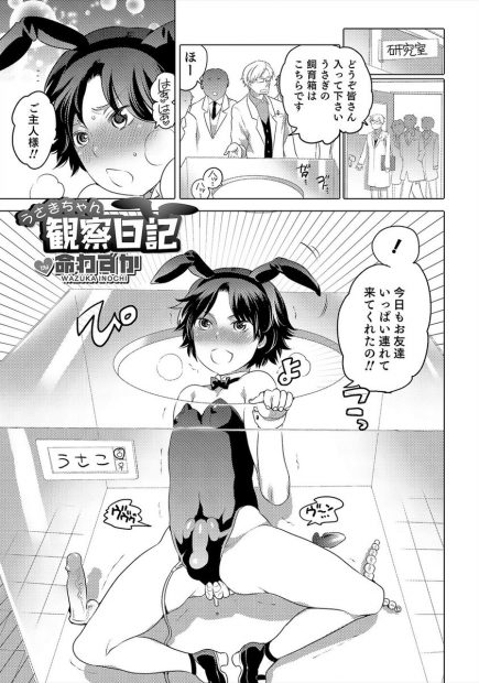 【エロ漫画】箱の中で飼育されちゃっていたバニーガールコスの男の娘。雌兎としてお兄さんたちにご奉仕をして、おちんちんをフェラチオして雄っぱいでパイズリを。もちろんアナルファックでお尻を犯され、ボテ腹になるまで犯されちゃう